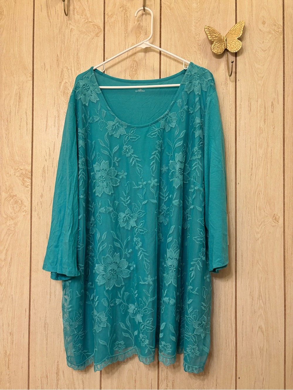 Catherines Teal Floral Lace-Overlay Tunic